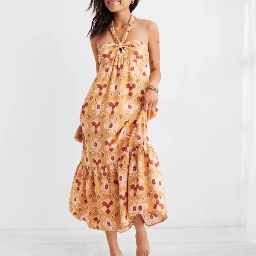 aerie Yellow Halter Maxi Dress with Rust Floral Print